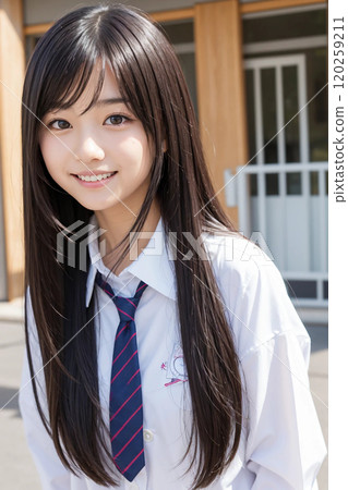 美麗的女高中生，有著燦爛的笑容 120259211