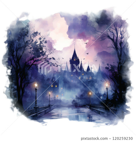 A Mystical Bridge Leading to a Grand Castle in a Foggy Evening 120259230