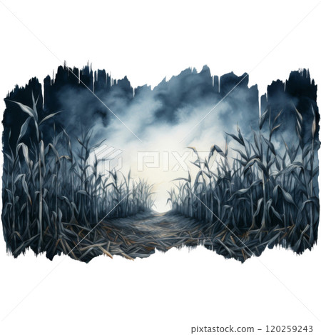 A Mystical Path Through a Field of Tall, Blue-Gray Corn Stalks Under a Cloudy Sky A Mystical Path Through a Field of Tall, Blue-Gray Corn Stalks Under a Cloudy Sky 120259243