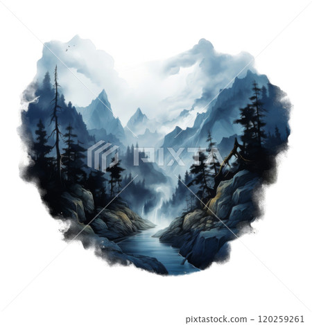 Mountain Valley Landscape with a Stream and Waterfall 120259261