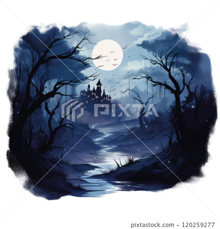 A Silhouetted Castle Stands in a Dark and Mystical Forest 120259277