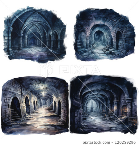 Four Watercolor Paintings Depicting Dark and Mysterious Stone Tunnels and Vaults 120259296