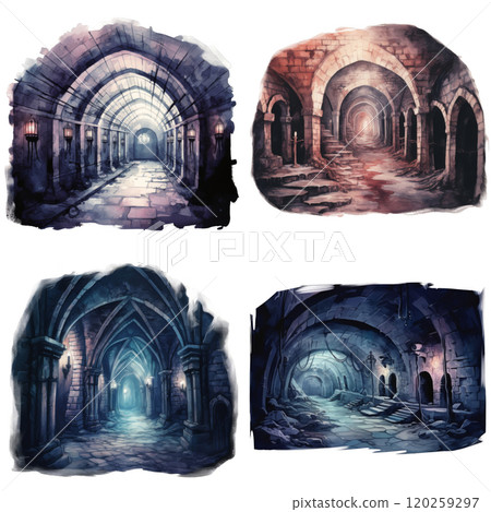 Four Different Watercolor Paintings of Dark and Mystical Stone Archways Four Different Watercolor Paintings of Dark and Mystical Stone Archways 120259297