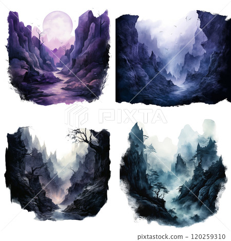 Four Watercolor Landscapes of Mysterious Mountainous Valleys Four Watercolor Landscapes of Mysterious Mountainous Valleys 120259310