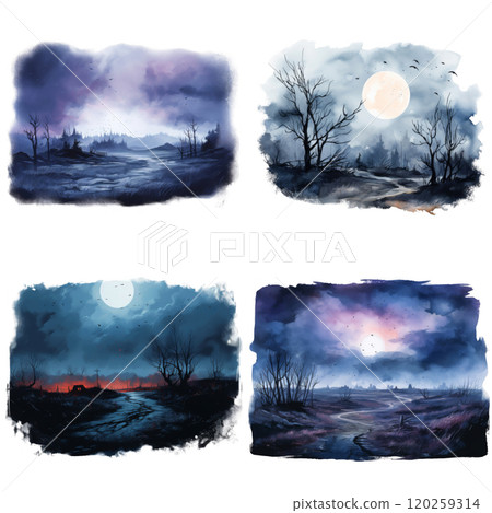 Four Watercolor Landscapes Depicting Nighttime Scenes with Moon and Birds 120259314