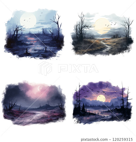 Four Watercolor Landscapes Depicting Different Times of Day and Night 120259315