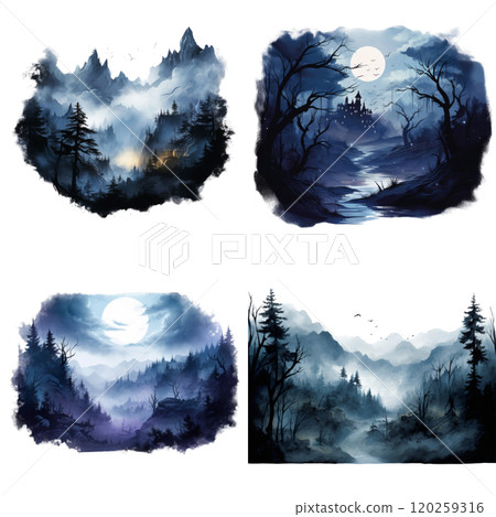 Four Watercolor Paintings Depicting Moonlight Forests Four Watercolor Paintings Depicting Moonlight Forests 120259316
