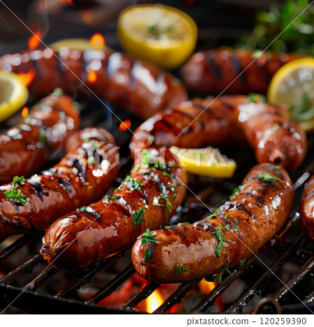 Close-up of Grilled Sausages with Lemon and Herbs on a Barbecue Grill 120259390