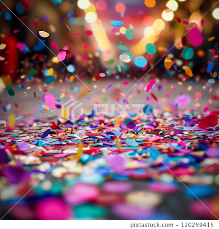 Colorful Confetti Falling on a Dark Surface 120259415
