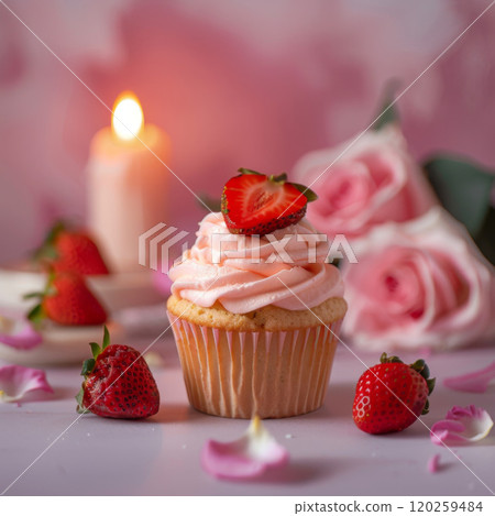 A Single Strawberry Cupcake with Pink Frosting, Roses, and Candlelight 120259484