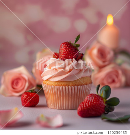 Pink Cupcake Topped with a Strawberry and Surrounded by Roses 120259485