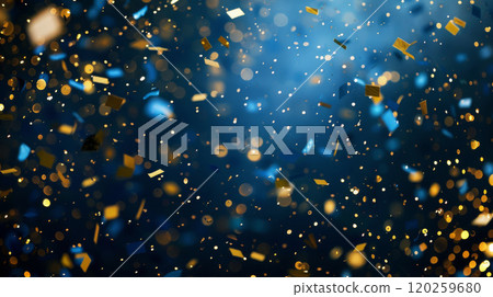 Shimmering Blue and Gold Confetti on Soft Blue Background 120259680