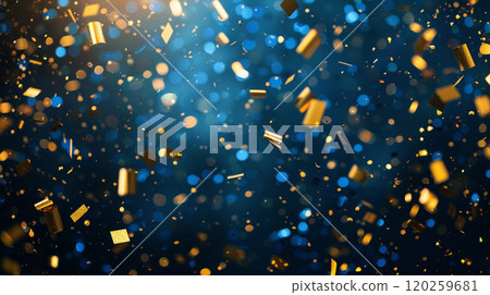 Blue and Gold Confetti Falls Against Soft Blue Background Blue and Gold Confetti Falls Against Soft Blue Background 120259681