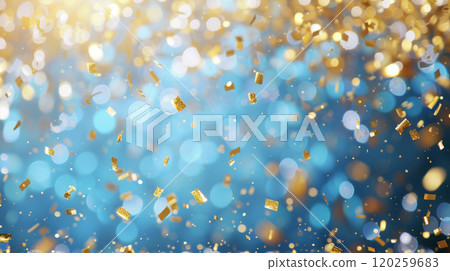 Glittering Gold Confetti on Dreamy Blue Backdrop Glittering Gold Confetti on Dreamy Blue Backdrop 120259683