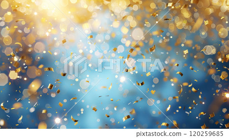 Glittering Gold Confetti on Enchanting Blue Backdrop Glittering Gold Confetti on Enchanting Blue Backdrop 120259685