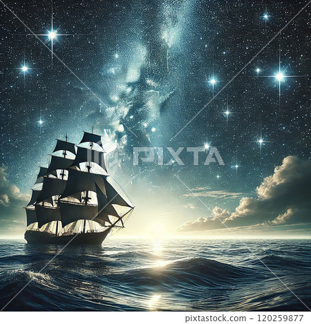 夢幻般的海景，繁星點點的夜空和一艘漂浮的帆船 120259877