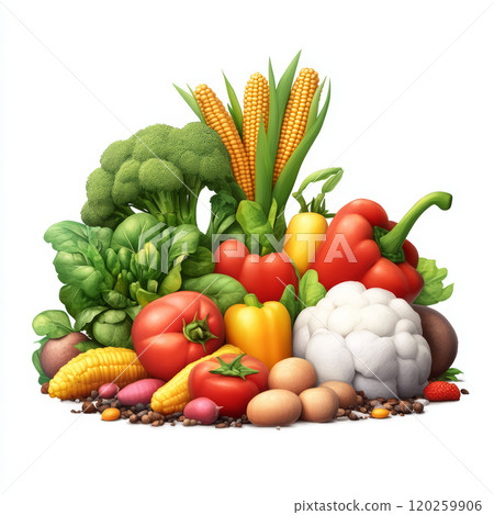 Fresh vegetables and produce including broccoli, corn, peppers, and more, showcasing vibrant community garden. This colorful assortment highlights healthy eating and sustainability 120259906