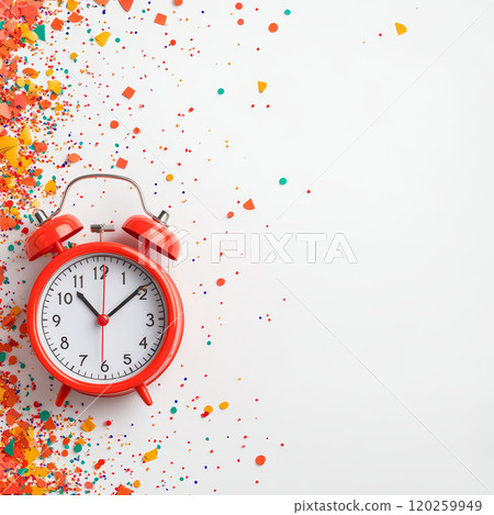 Bright red alarm clock on colorful confetti background, symbolizing celebration and time. Perfect for festive occasions and countdowns 120259949
