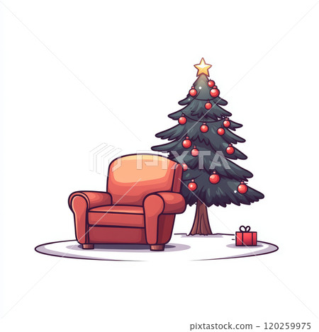 Cozy Christmas scene featuring red armchair beside decorated tree, creating warm holiday atmosphere. Perfect for festive decorations and seasonal themes Cozy Christmas scene featuring red armchair beside decorated tree, creating warm holiday atmosphere. Perfect for festive decorations and seasonal themes 120259975