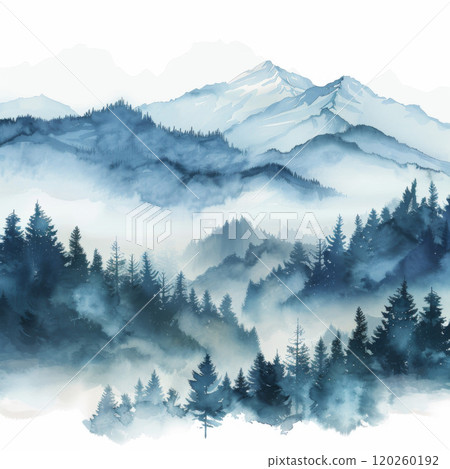 Misty Mountains and Evergreens Watercolor Painting 120260192