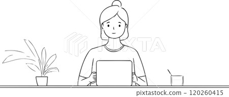 A young woman sits in front of a laptop, flanked by houseplants.	 120260415