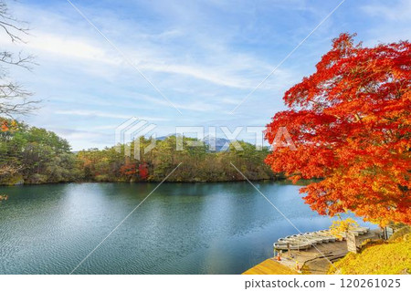 Scenery of Lake Bishamon (Goshiki-numa) in late autumn; first snow on Mount Bandai; Kitashiobara Village, Fukushima Prefecture 120261025