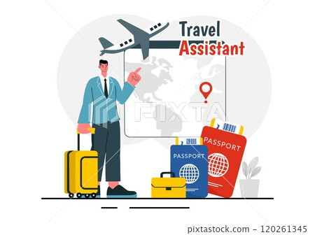 Travel Assistant Vector Illustration for Help and Facilitate Tourists in Planning Travel Packages and Organizing Tour Schedules in a Background Travel Assistant Vector Illustration for Help and Facilitate Tourists in Planning Travel Packages and Organizing Tour Schedules in a Background 120261345