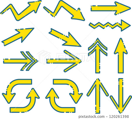 Set of various yellow arrows with blue dashed lines 120261398