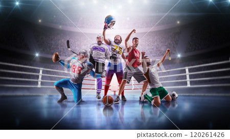 Sports winners. Collage of professional happy sportsmen on sports arena. Football, hockey, basketball, soccer. Sports emotions 120261426