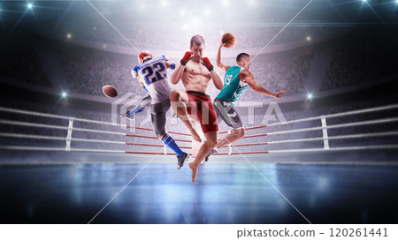 Movement. Up. MMA, American football, basketball. Sports in motion. Professional athletes on the sports arena. Sports collage Movement. Up. MMA, American football, basketball. Sports in motion. Professional athletes on the sports arena. Sports collage 120261441