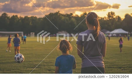 Mother Cheering on Her Daughter at a Youth Soccer Game During a Beautiful Sunset with a Vibrant Sky and Green Grass Surrounding the Field 120261604