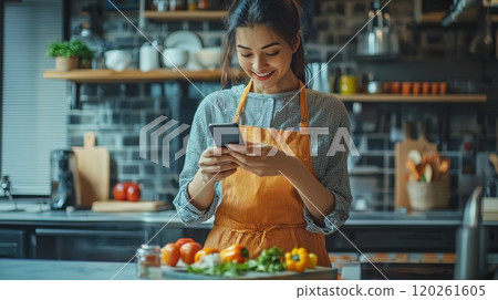 Cheerful Hardworking Mom in Casual Clothes Enjoying Smartphone in Cozy Kitchen Surrounded by Fresh Ingredients and Cooking Tools 120261605