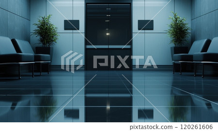 Sleek Modern Waiting Area with Minimalist Design, Featuring Soft Lighting, Stylish Furniture, and Greenery, Ideal for Professional and Contemporary Settings 120261606