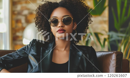 Confident Female Business Leader Sitting in Modern Office, Showcasing Stylish Attire and Poised Expression with Natural Curly Hair and Sunglasses 120261607