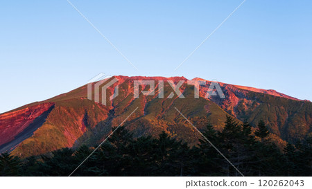 Climbing Mt. Ontake in Autumn: Mt. Ontake at dawn as seen from a rice field 120262043