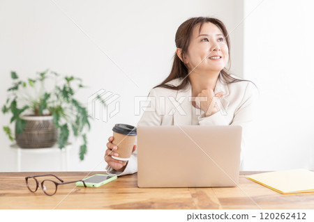 Smiling woman, business, computer, break 120262412