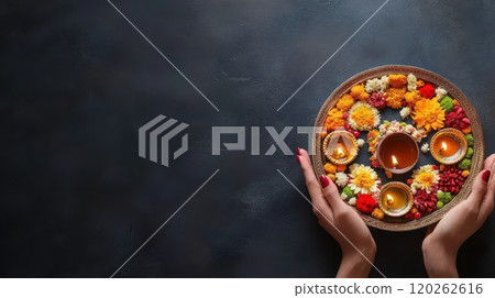 Diwali Festive Plate with Flowers and Diyas, Celebration and Tradition 120262616