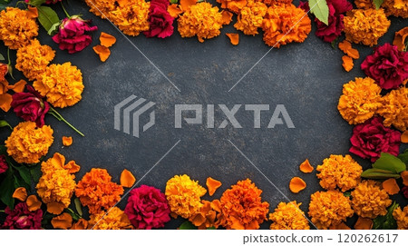 Day of the Dead frame with marigold and rose flowers on dark background with copy space 120262617