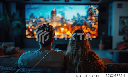 Couple watching a movie on a large screen in a cozy living room. Concept of entertainment and togetherness. 120262814