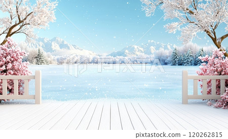 Winter wonderland landscape with cherry blossom trees and wooden deck 120262815