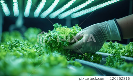 Hands harvesting fresh green lettuce in a hydroponic garden. Concept of organic farming, healthy eating, and sustainable agriculture. 120262816