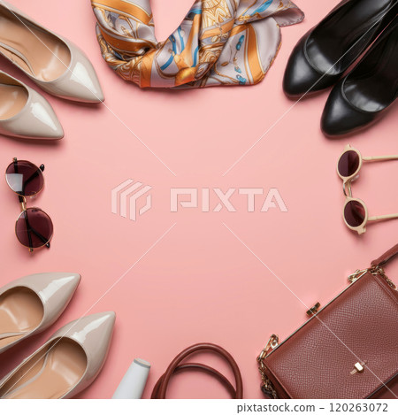 Colorful background image with fashion shoes, bags and accessories 120263072