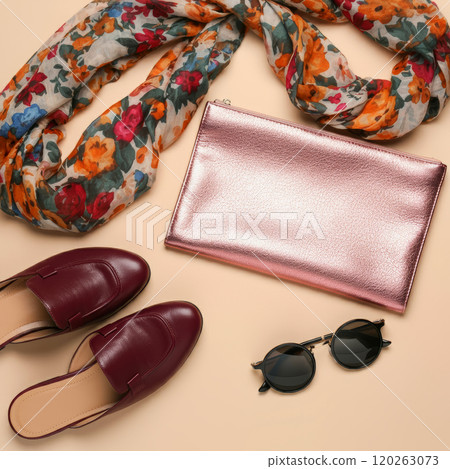Colorful background image with fashion shoes, bags and accessories 120263073