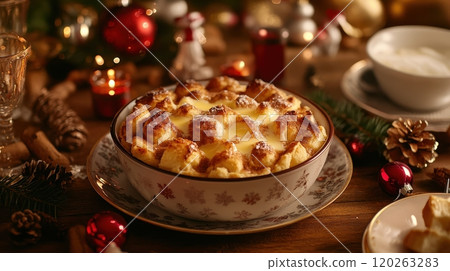 Cozy Holiday Table Spread with Festive Baked Dessert and Christmas Decor 120263283