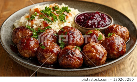Flavorful Swedish Meatballs with Cranberry Sauce and Aromatic Rice Dish 120263290