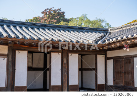 Korean traditional building in Changdeokgung palace. It is one of the Five Grand Palaces built by the kings of the Joseon dynasty. with beautiful autumn foliage. Korean traditional building in Changdeokgung palace. It is one of the Five Grand Palaces built by the kings of the Joseon dynasty. with beautiful autumn foliage. 120263803
