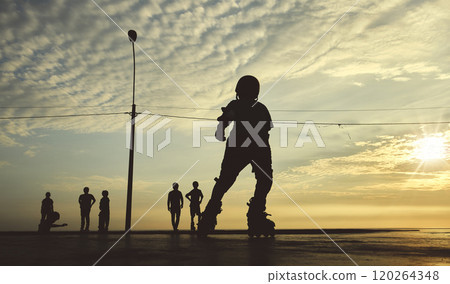 Skateboarding Silhouette Extreme Skatepark Images Orange Sunlight Youth Culture Enjoy Sports Vacation Skateboard Skateboarding Silhouette Extreme Skatepark Images Orange Sunlight Youth Culture Enjoy Sports Vacation Skateboard 120264348