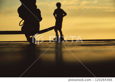 Skateboarding and BMX bike Silhouette Extreme Skatepark Images Orange Sunlight Youth Culture Enjoy Sports Vacation Skateboard 120264366
