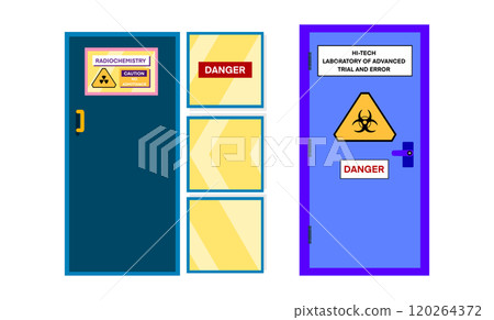 laboratory doors, radiation and biohazard warnings, door is labeled Radiochemistry with a yellow radiation symbol and Caution No Admittance sign, while the other door has a biohazard symbol 120264372