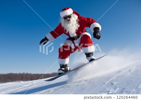 Santa Claus skiing in the mountains on snow in winter in Christm. Concept Christmas and New Year. 120264460